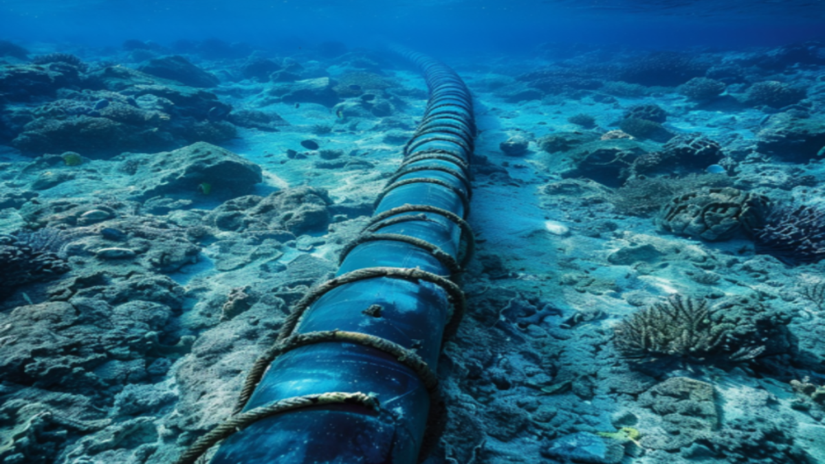 Subsea fiber-optic cable laid along the seafloor surrounded by coral and marine terrain